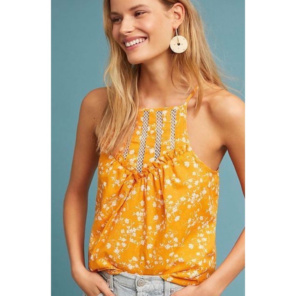 Maeve Anthropologie Orange Floral Lattice Ruffle Halter Top XL